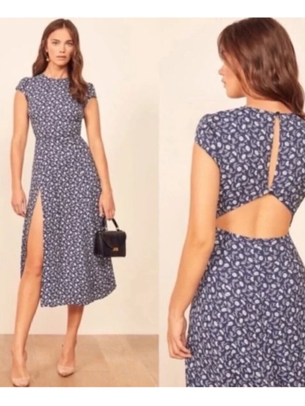 ❤️ Reformation Gavin Monterey Navy Blue Floral High Slit Midi Dress Size 4 NWT